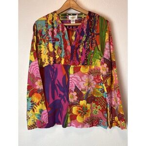 Sandy Starkman Tunic‎ Top 1X Colorful Ruffled Art-to-Wear Lightweight Med Cotton